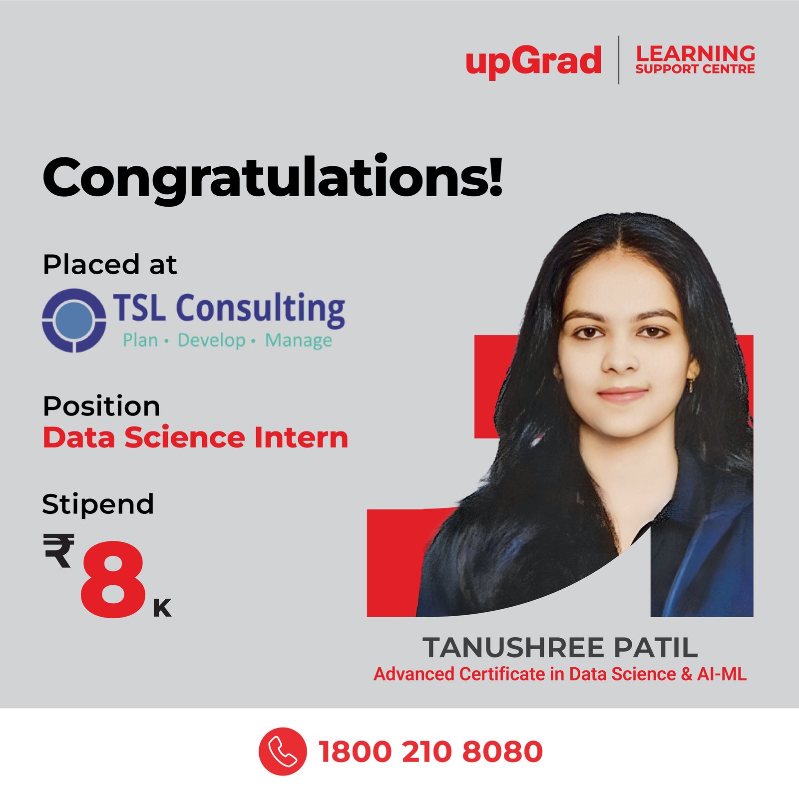 Tanushree Patil placed at TSL Consulting as a Data Science Intern with a stipend of 8K